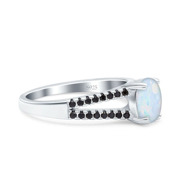 Split Shank Halo Oval Wedding Ring Black Lab Created White Opal 925 Sterling Silver